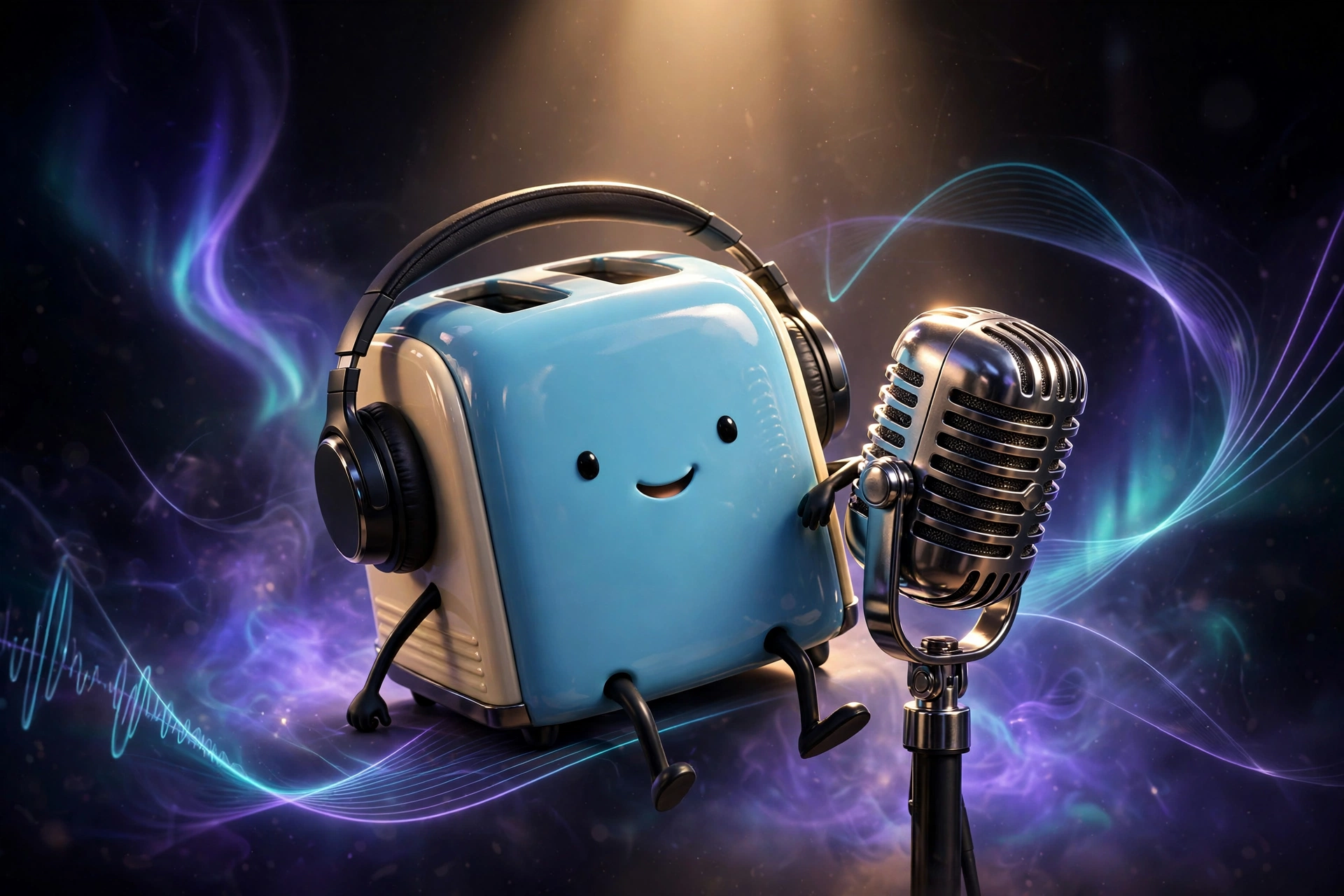 Mascotte radio.reorg : un grille-pain bleu rétro avec un casque audio, devant un micro de studio vintage, sur fond sombre avec halo ambre et ondes sonores